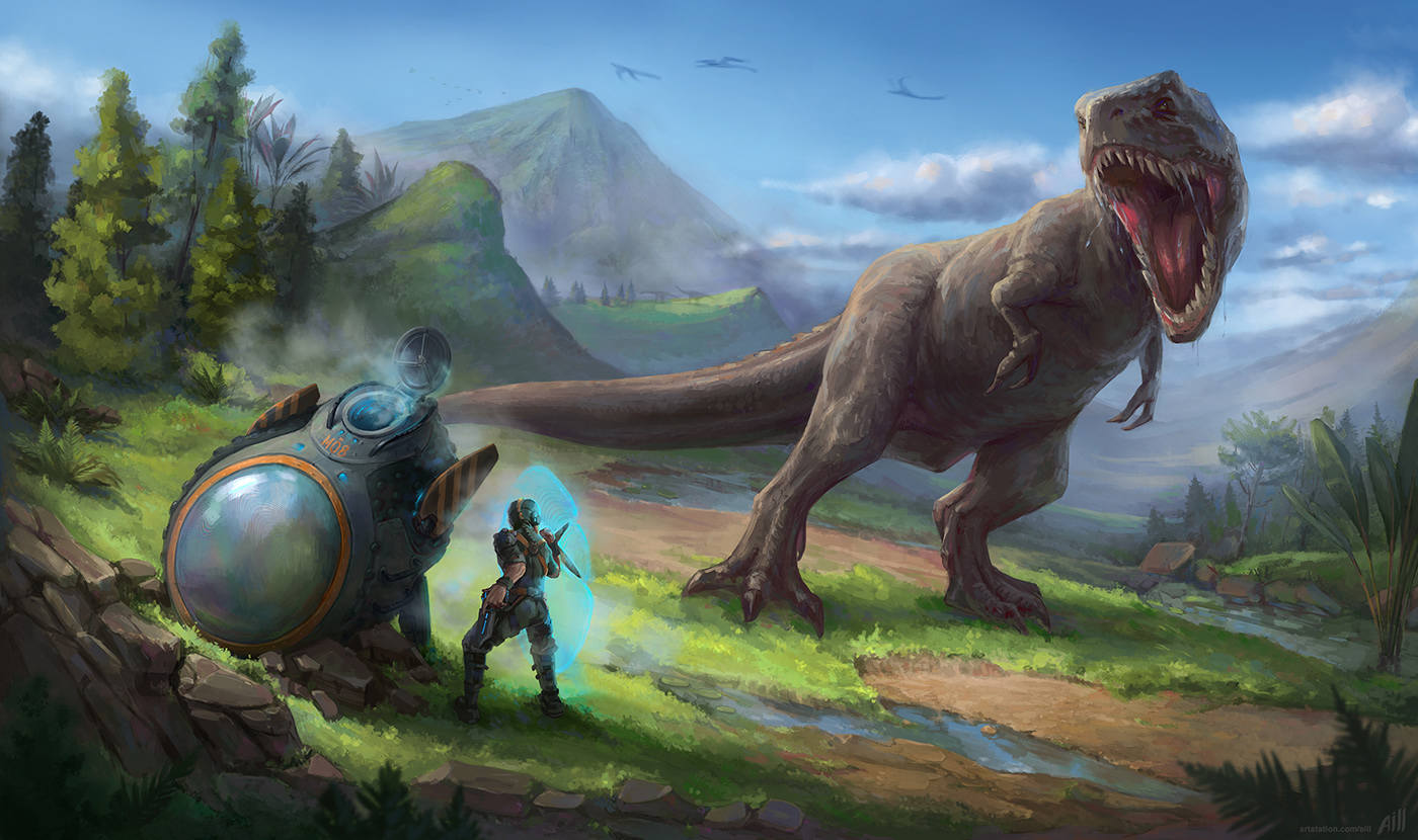 Character Digital Art  Dinosaur dragon environment fantasy ILLUSTRATION  sci-fi Timetravel