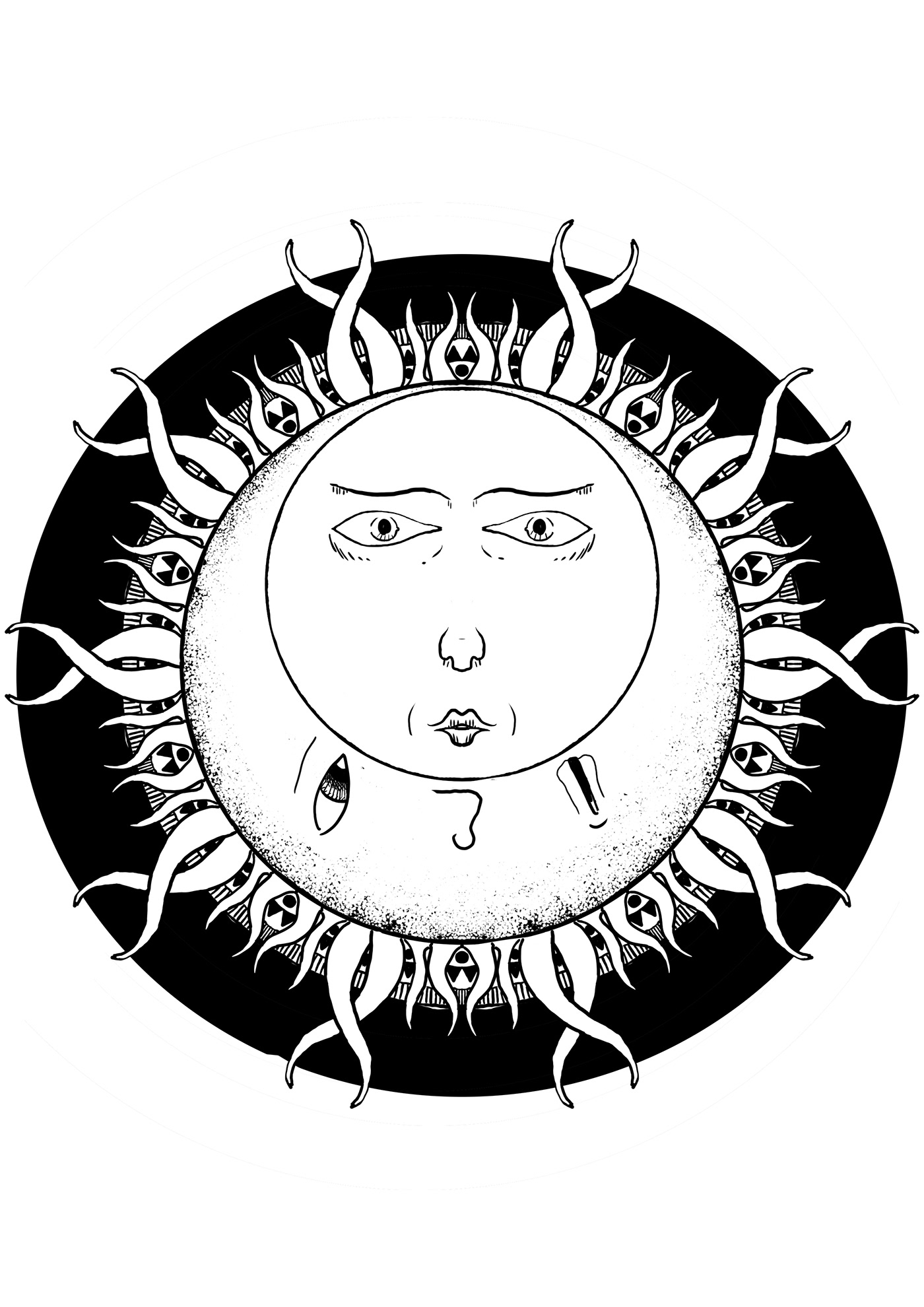 black & white geometric moon psychedelic Sun t-shirt