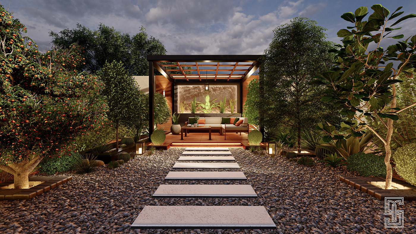 Back yard Landscape Design garden Nature pergola exterior Render visualization architecture modern