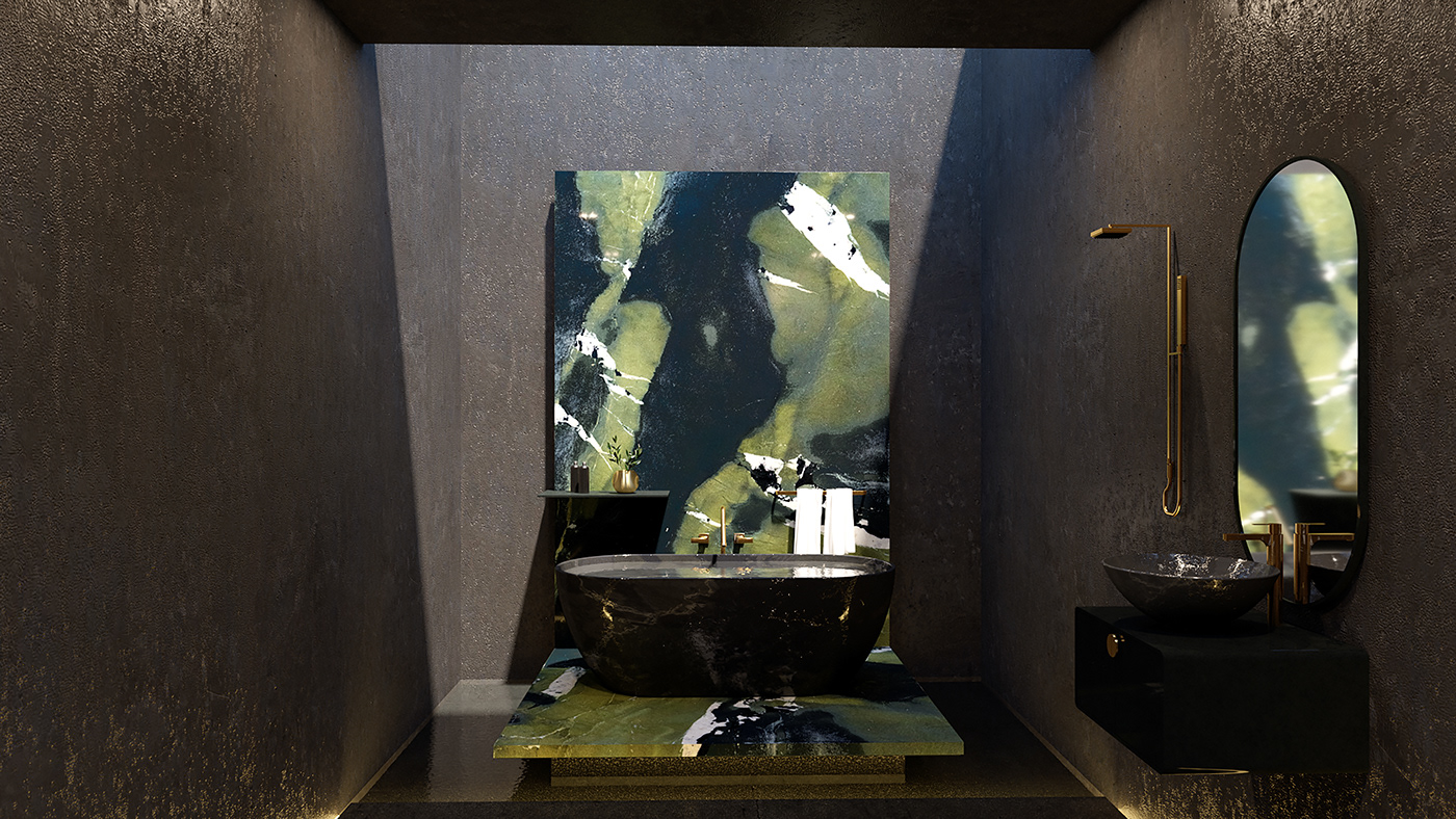 A FRONTAL RENDERING FOR A BLACK BATH INTERIOR CONCEPT AND RENDERING BY RAFAEL BOTELLO CUEVAS