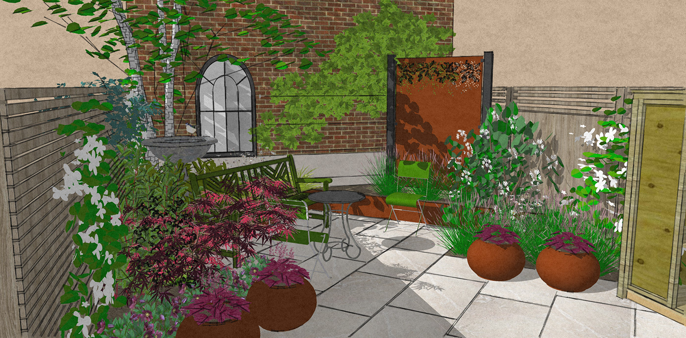 courtyard E8 gardendesign Sustainable Urban wildlife Corten steel limestone