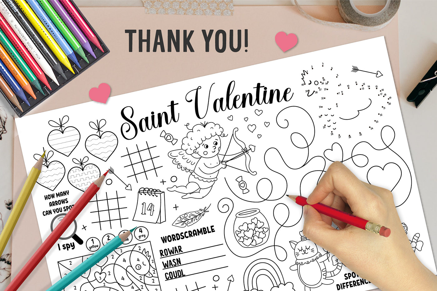 activity coloring page game kids mat placemat play saint saint valentine valentine