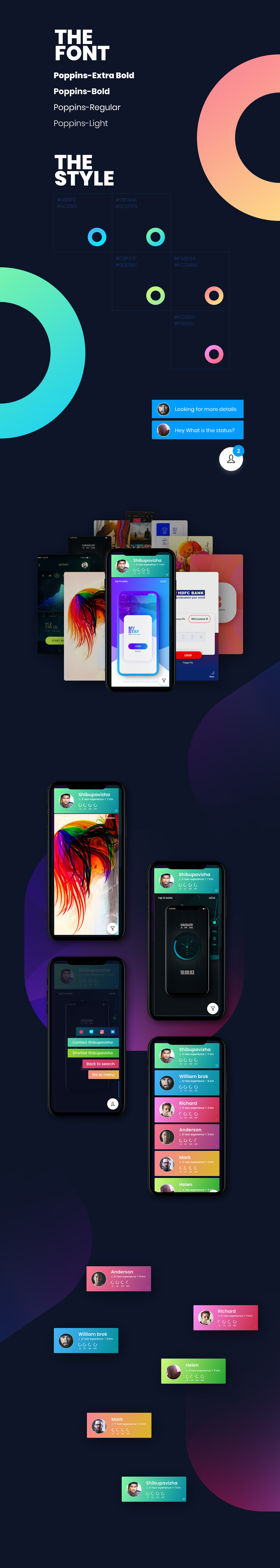 Hiringapp ios UI/UX Colourful  Appdesign floatingmenu profile prototype interactive darktheme