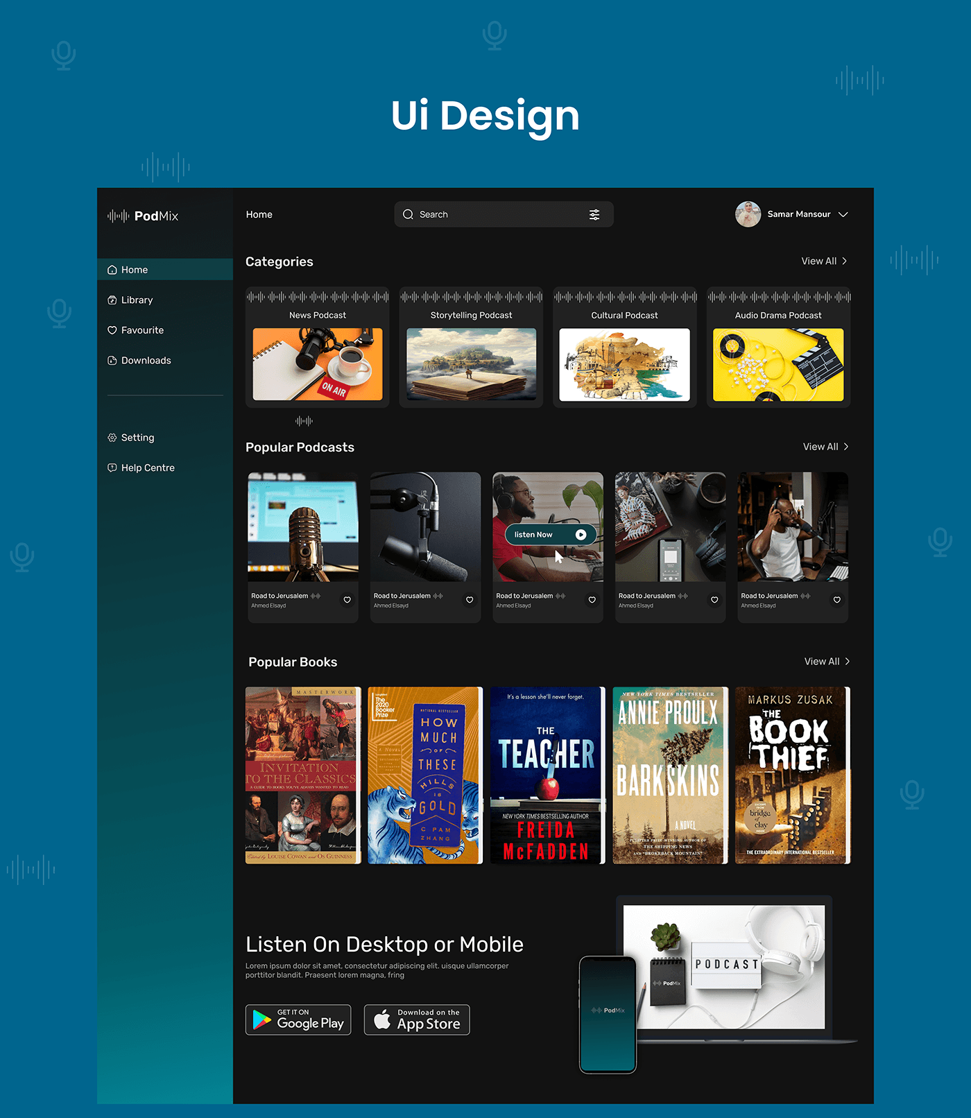 ui design podcast books Website Mobile app grey Bookdesign mintgreen landing page Figma