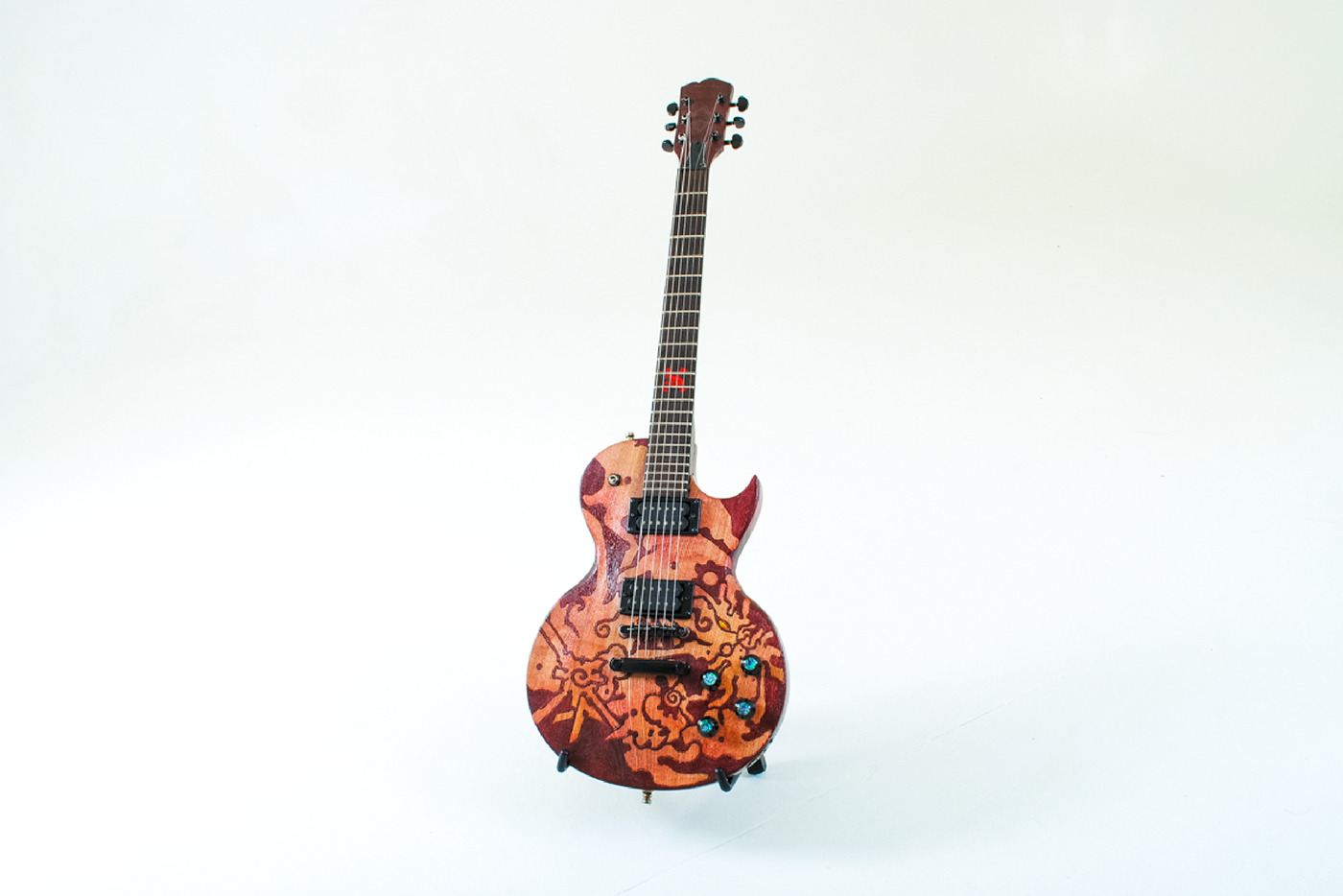 aztec crab engraving guitar moon music nahuatl red Sun wood