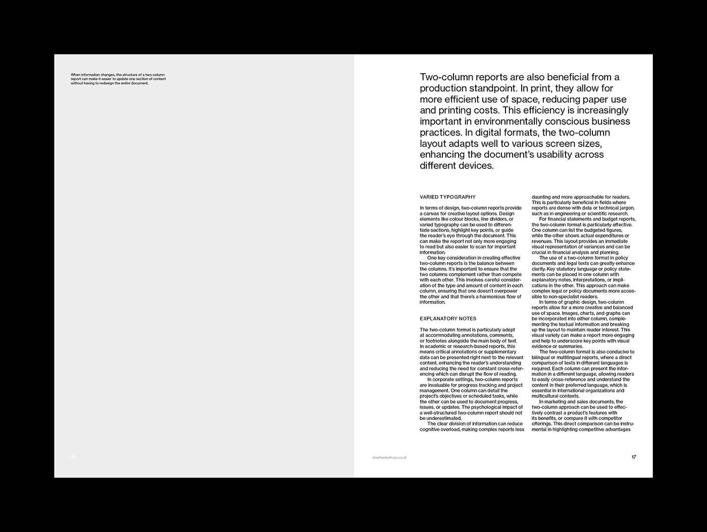 Typography layout design for a two column corporate report grid system template for Adobe InDesign