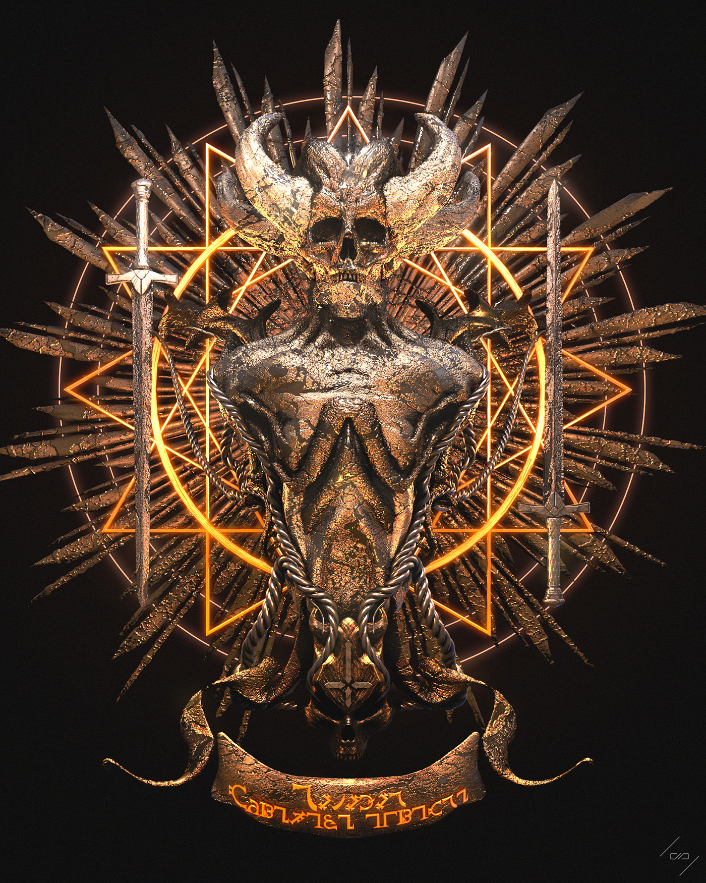 3D art bronze gold silver skull vray angels Demons fantasy
