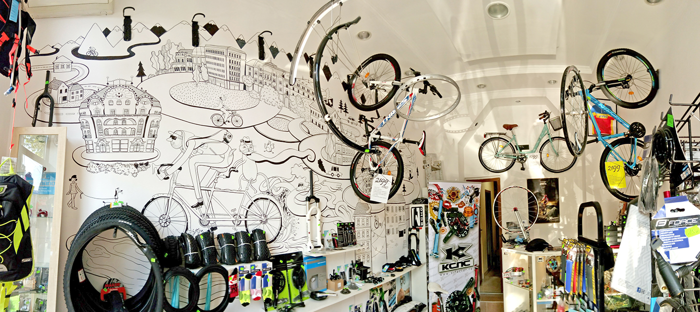 Mural wallpaint Drawing  Black&white biker sportshop city