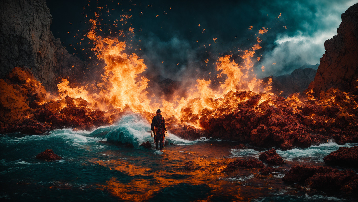 fire water sea Ocean Nature Photography  model retouch editorial InDesign