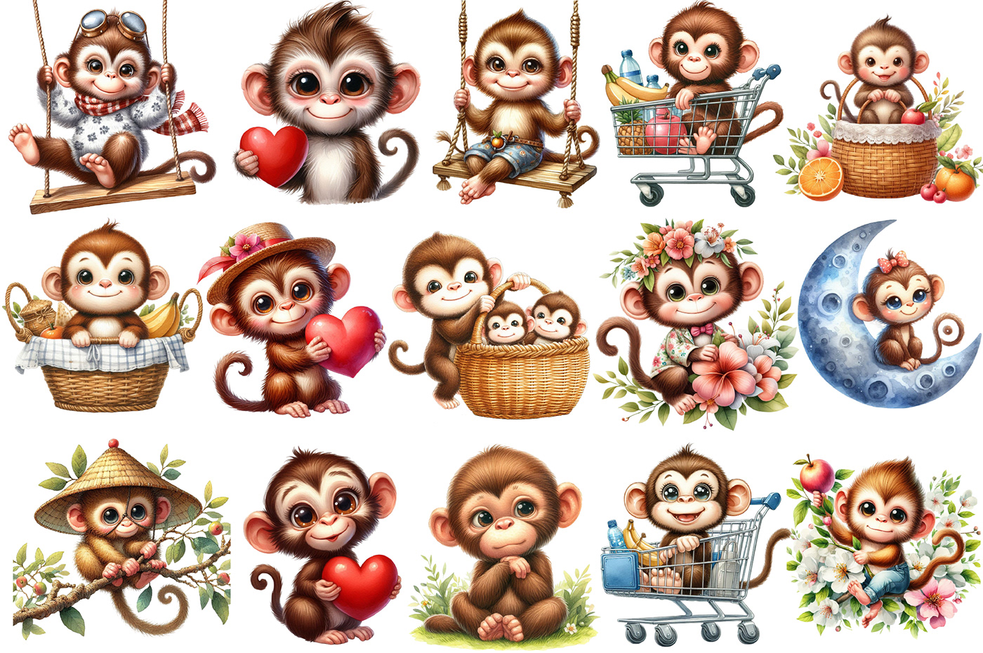 Instant Download illustrations digital cute monkey  sublimation design Paintings Mugs t-shirt canvas Cute Monkey Clipart
