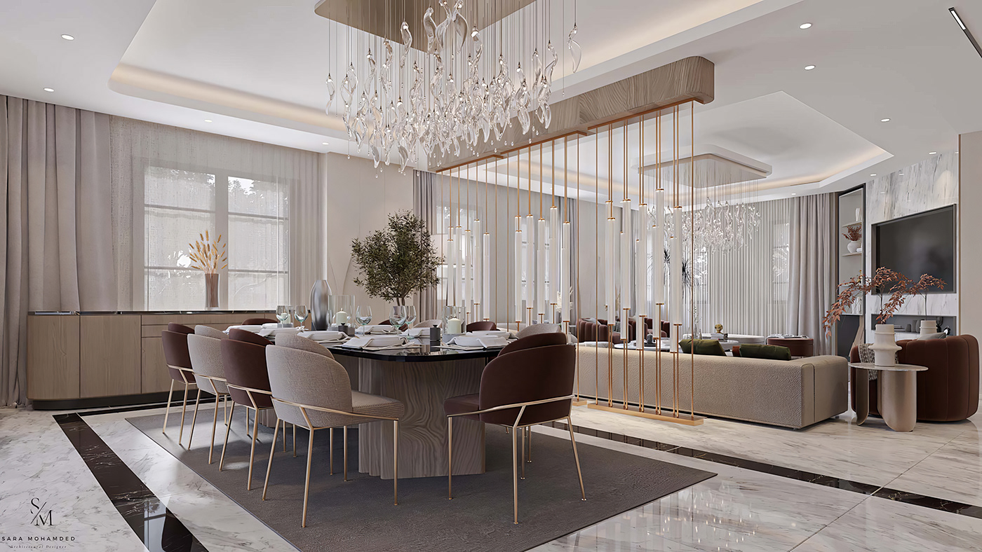 Villa architecture Render visualization modern dinning reception living room interior design  villa design