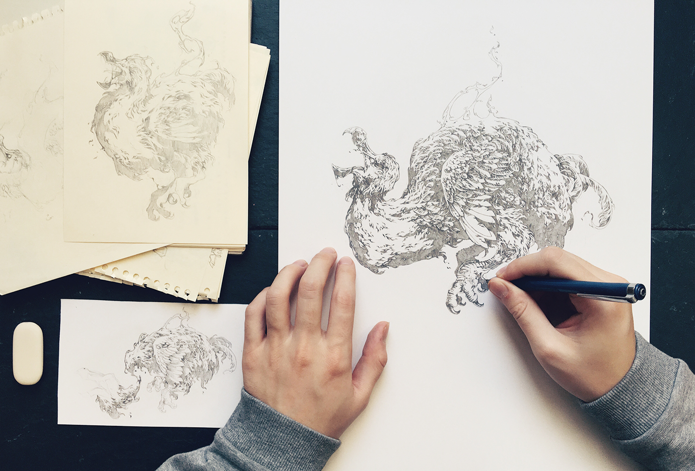 Ivan Belikov further up ink pencil dove pigeon feathers FOX moleskine handdrawing sketch