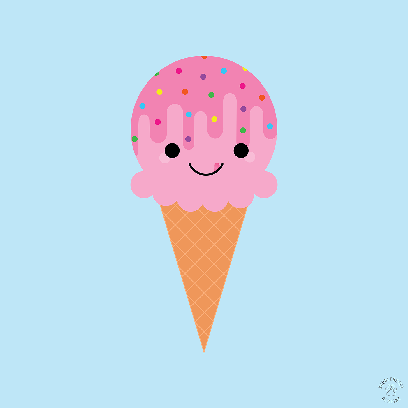 Happy Strawberry Ice Cream Cone with Rainbow Sprinkles Kawaii Illustration by NoodleBerry Designs