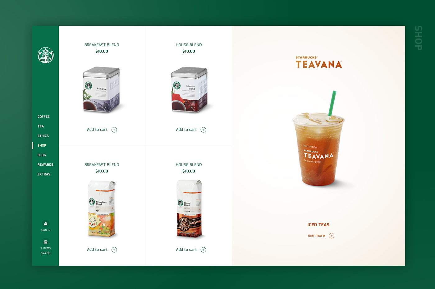 desktop UI ux redesign Coffee starbucks tea