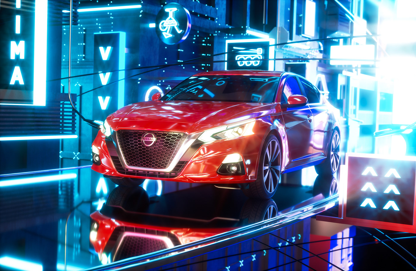 Nissan CGI CG car Mural 3D art Technology neon city