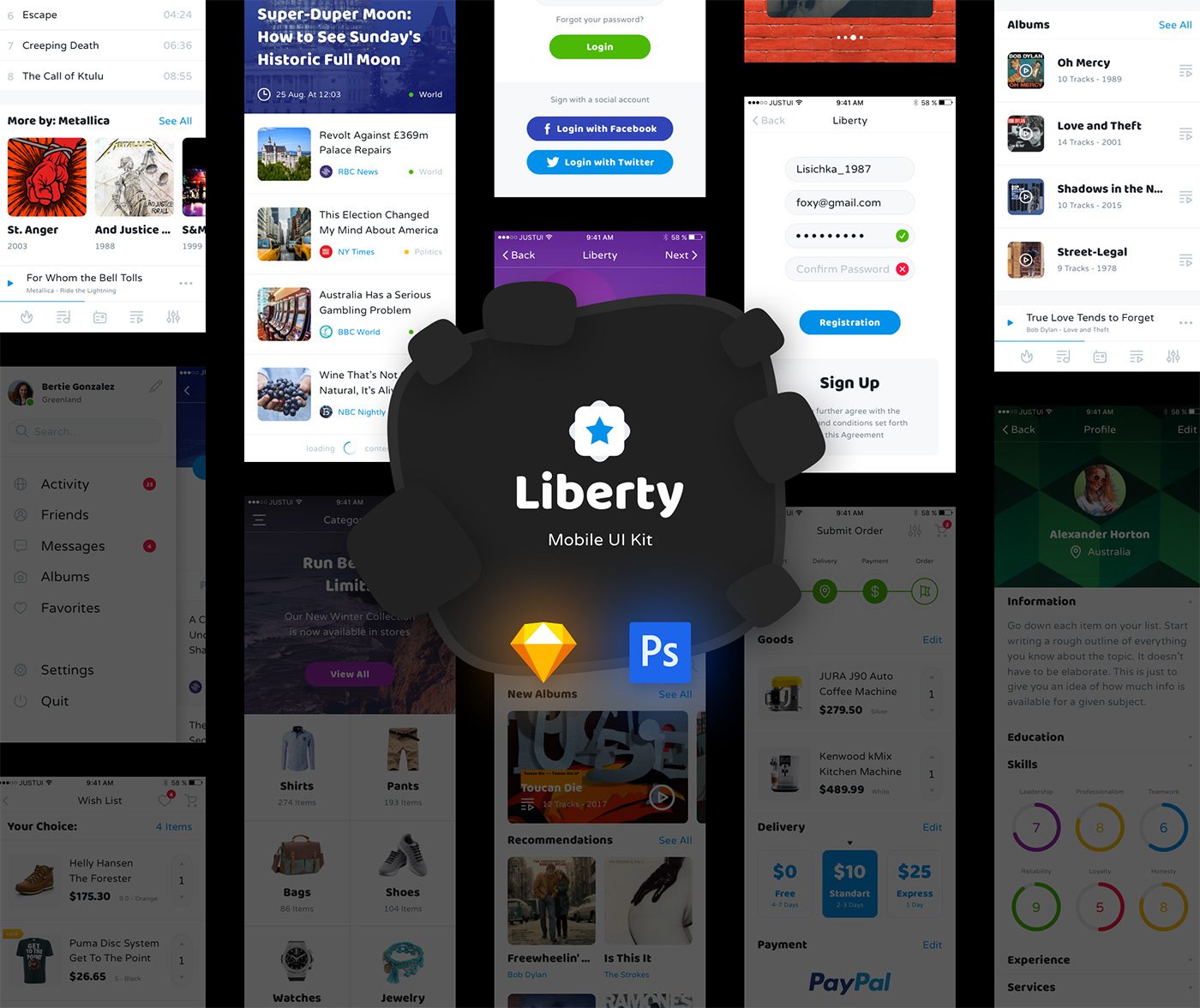 Mobile UI Kit Liberty Mobile UI eCommerce UI profile ui multimedia UI IOS UI kit social ui news ui sketch ui kit