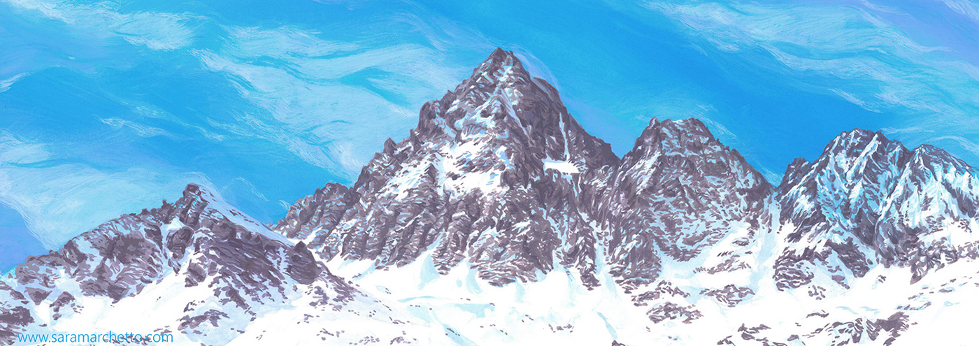 gouache painting Landscape Painting ILLUSTRATION  dogs handpainted landscape art mountains skiing snow winter art