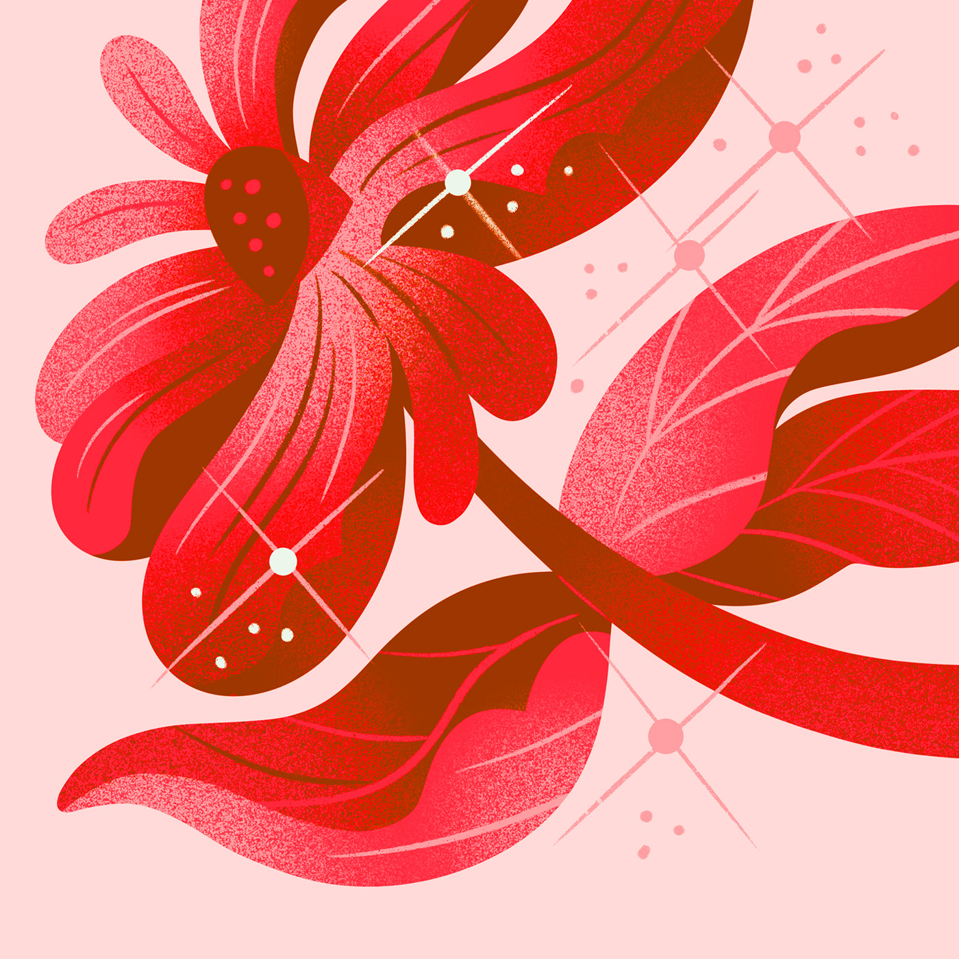 Illustration using noise texture of a spring blossom in monochromatic reds, surrounded by stars and 