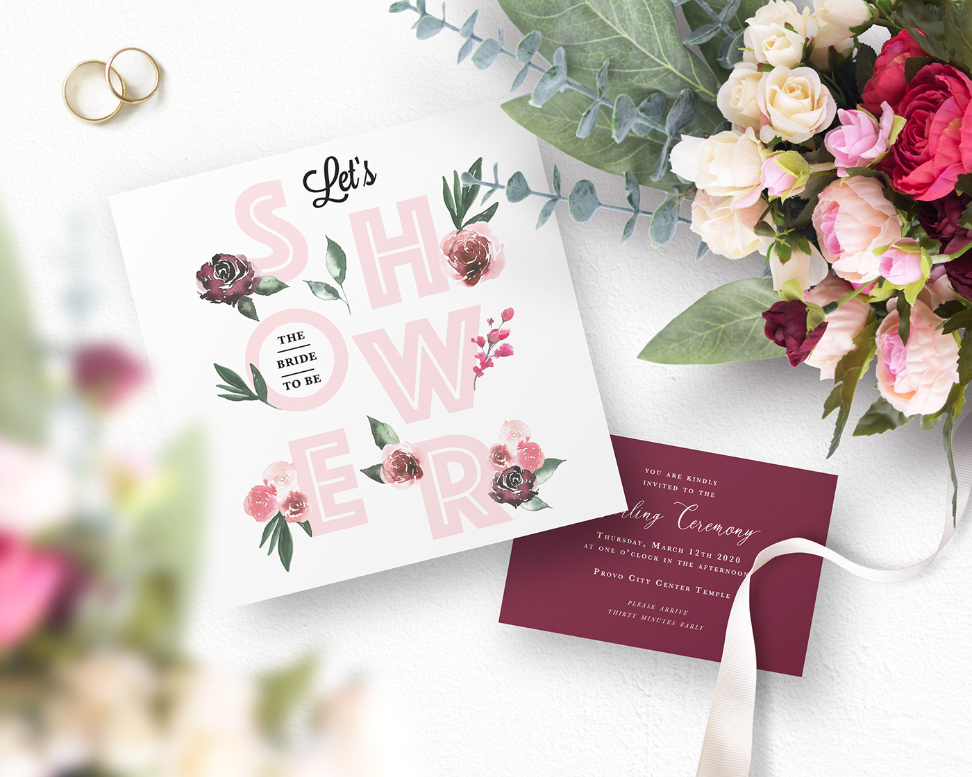 Flowers wedding boho pink gold geometric watercolor greenery invites painting  