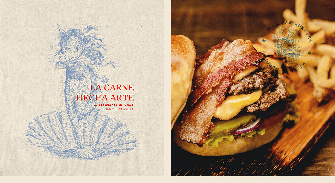 art bacon illustartion pig Renaissance vintage branding  restaurant burger Food 