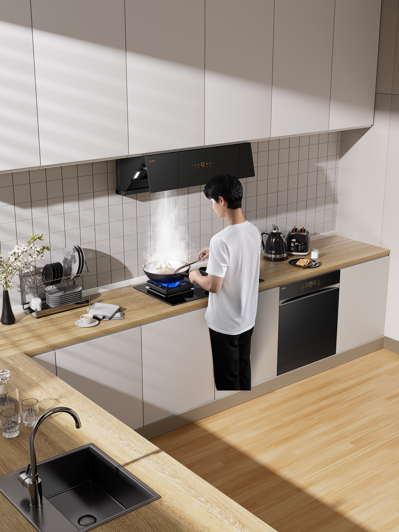 Kitchen Appliance 3D rendering kitchen oven dishwasher gas stove kitchen hood scene