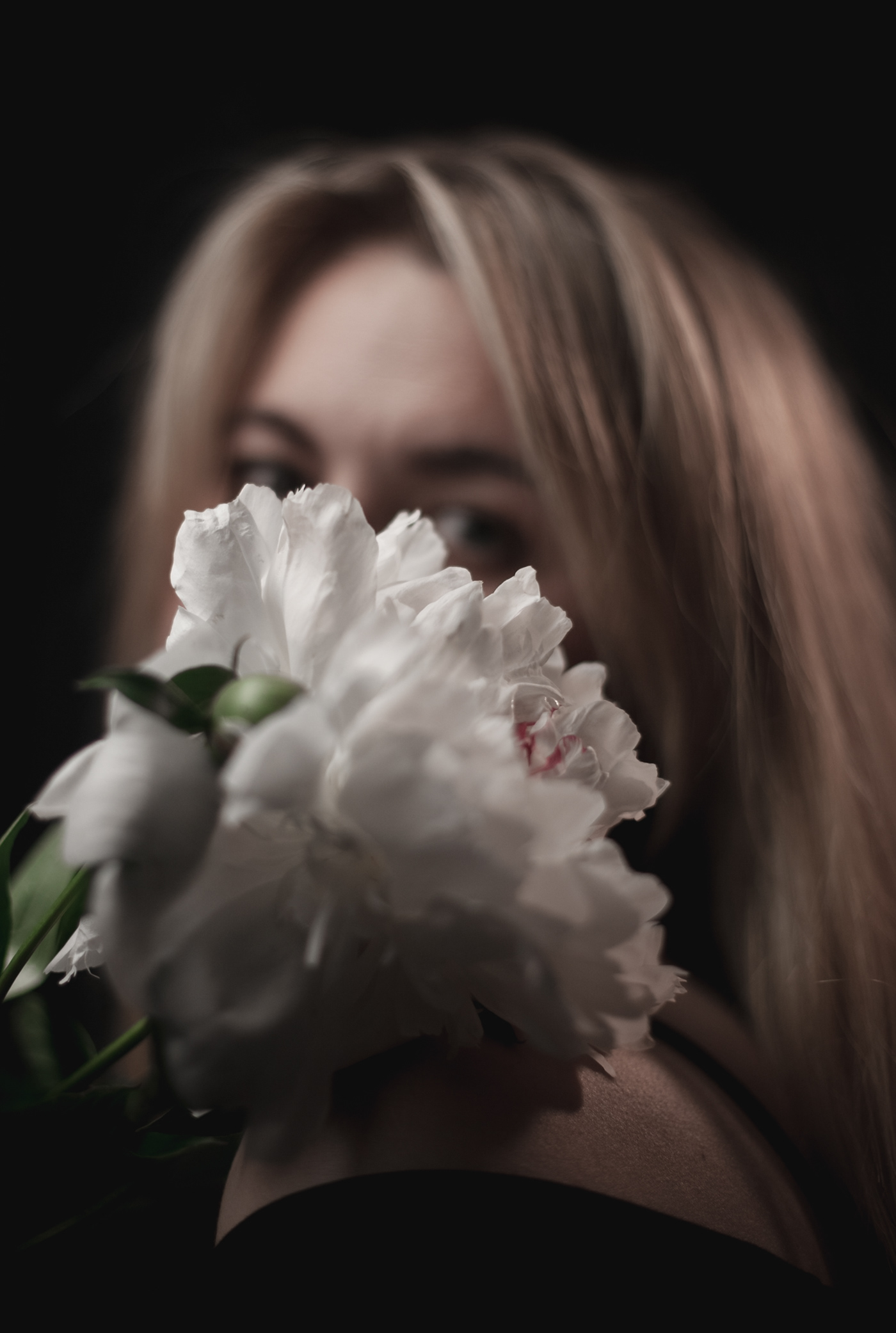 blonde blur dark Flowers girl Nature peonies people White