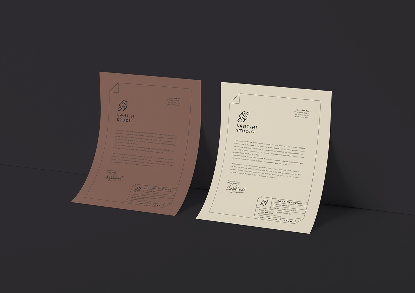 Letterheads design and colored paper for Santini Studio's new brand identity