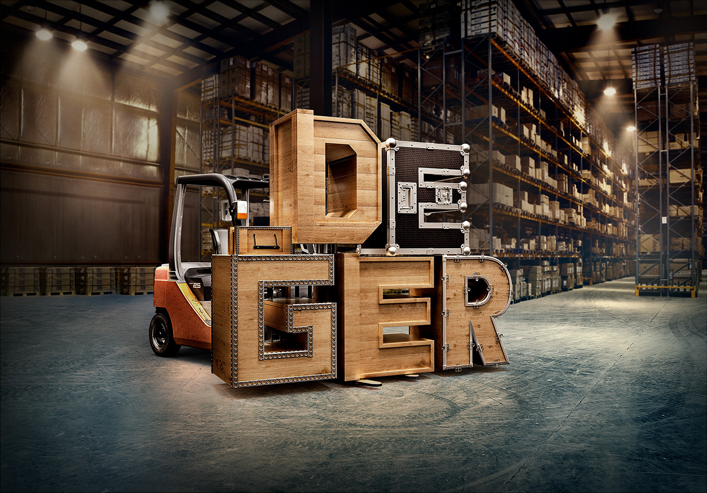 3D art case CGI crate factory Forklift Render wood typography  