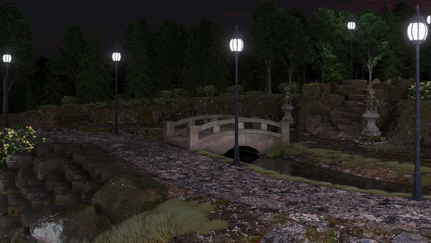 Outdoor Nature Park Landscape 3ds max corona Ancient bridge night streetlights