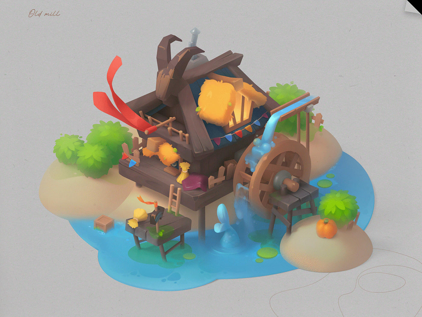 Game Art mill casual game mobile props environment Isometric stylized farm building