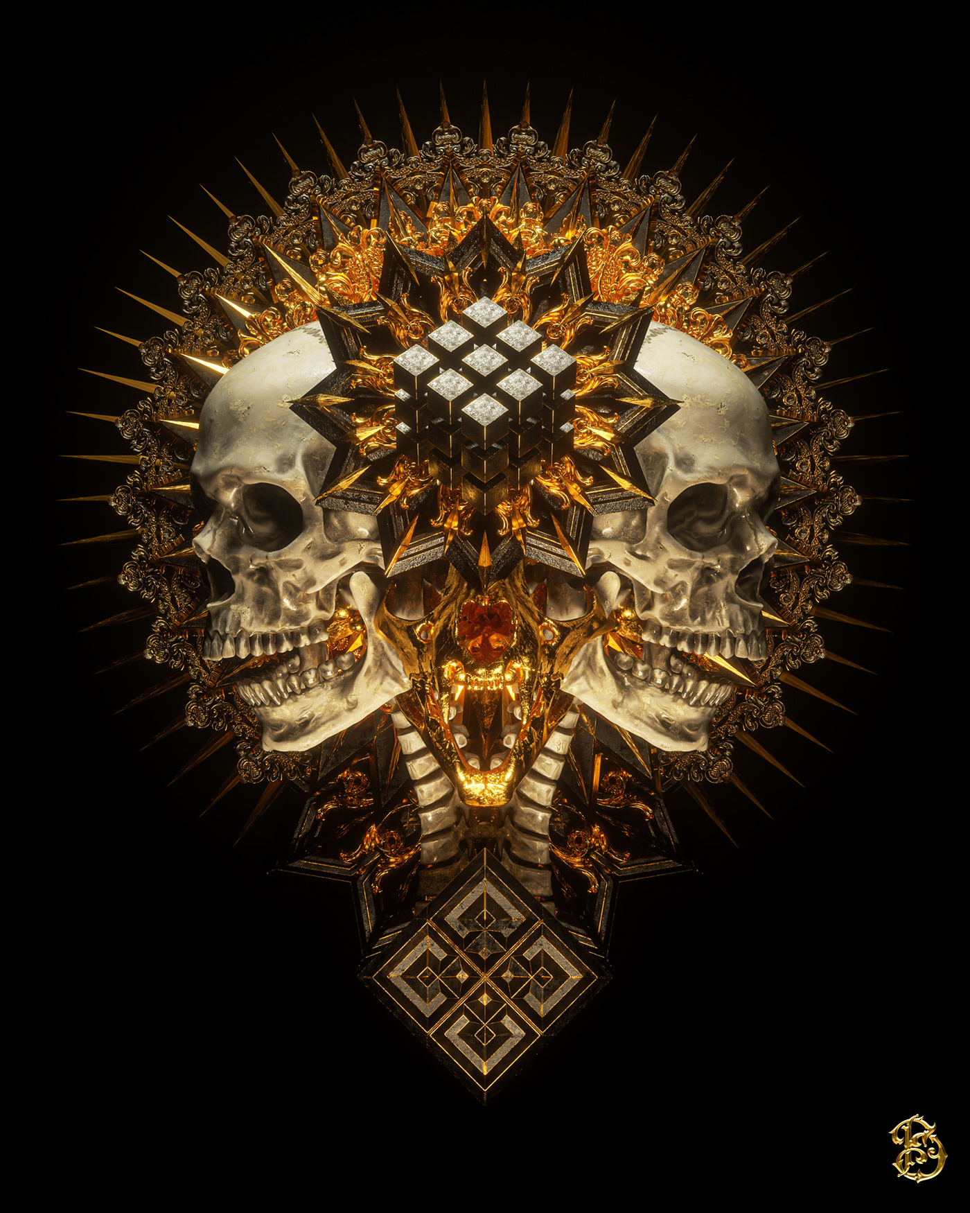 billelis tattoo skull geometric Mandala gold Zbrush octane gothic decorative