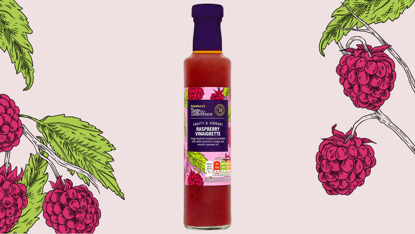 ILLUSTRATION  Sainsbury's brand dressing pomaganate raspberry miso pesto french vinaigrette colors