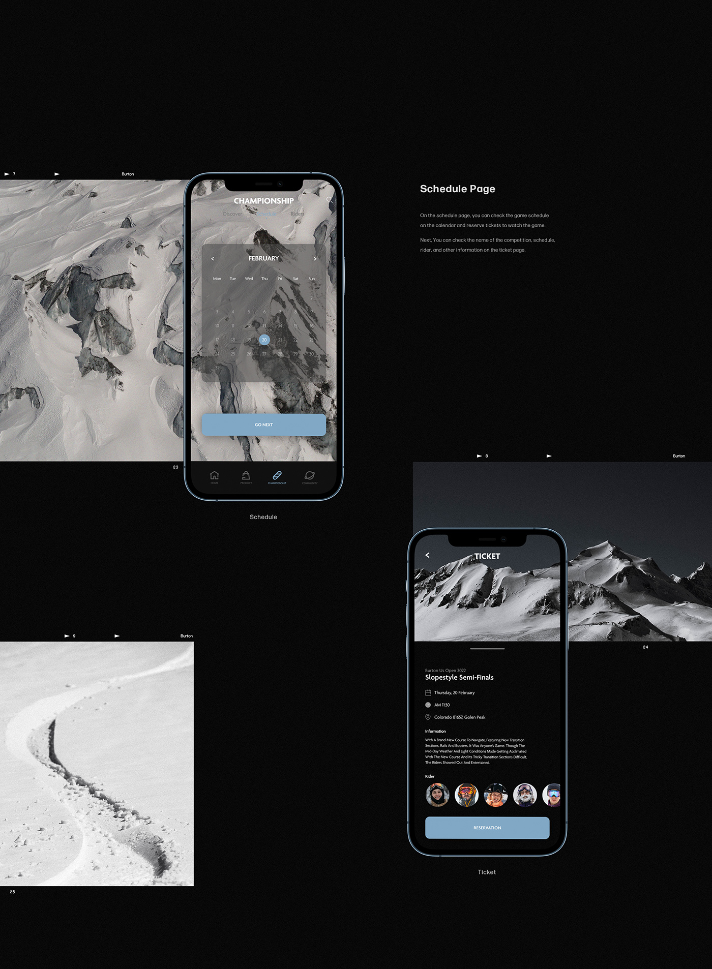 app GUI live mobile mountains snow snowboard sports burton uiux