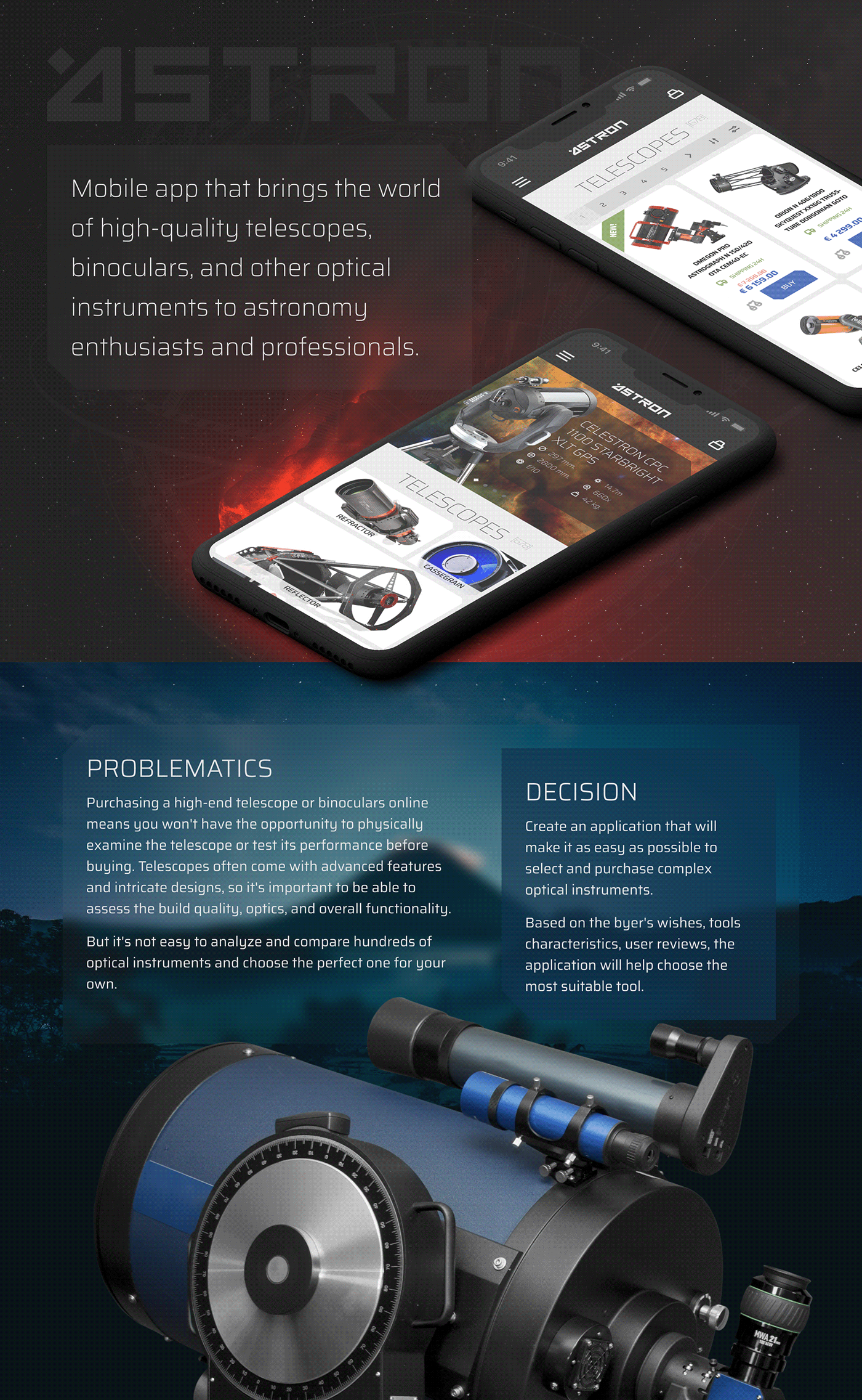 astronomy app design Interface mobile UI/UX telescopes binoculars Space  observatory Optics Store