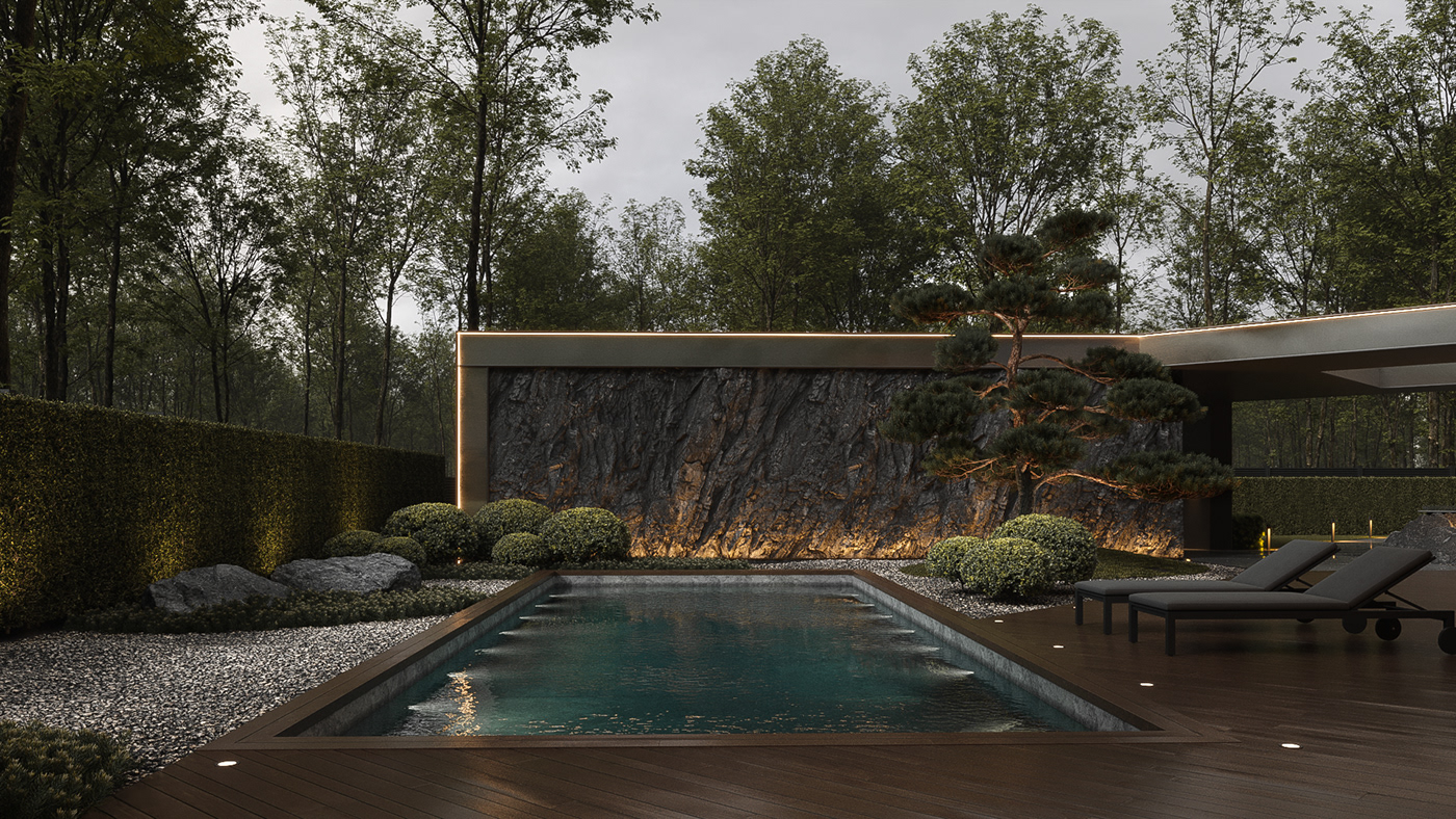 3D architecture archviz dark exterior minimal modern Render residential stone