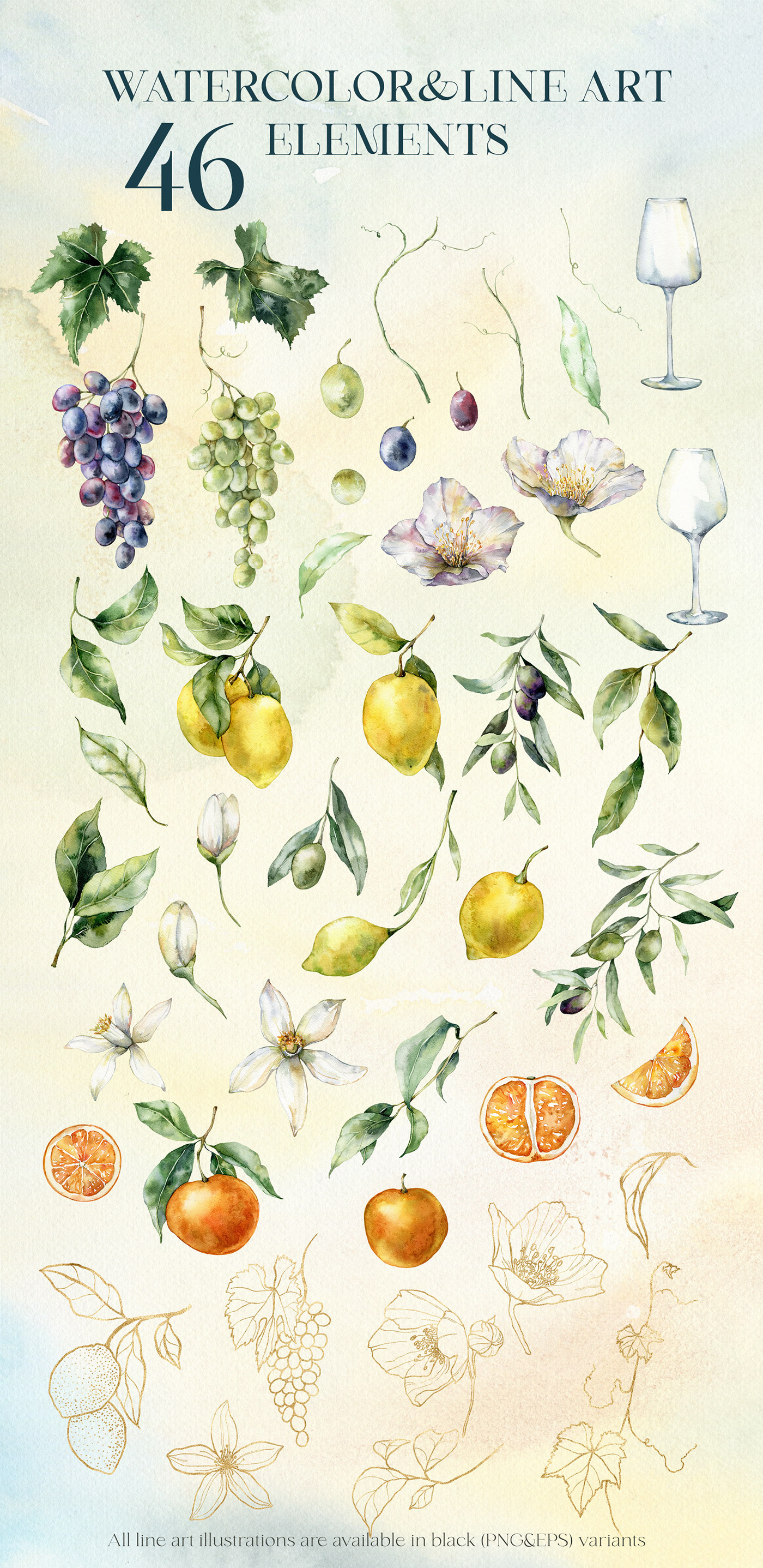 botanical design foliage grape lemons mediterranean olive orange tile watercolor