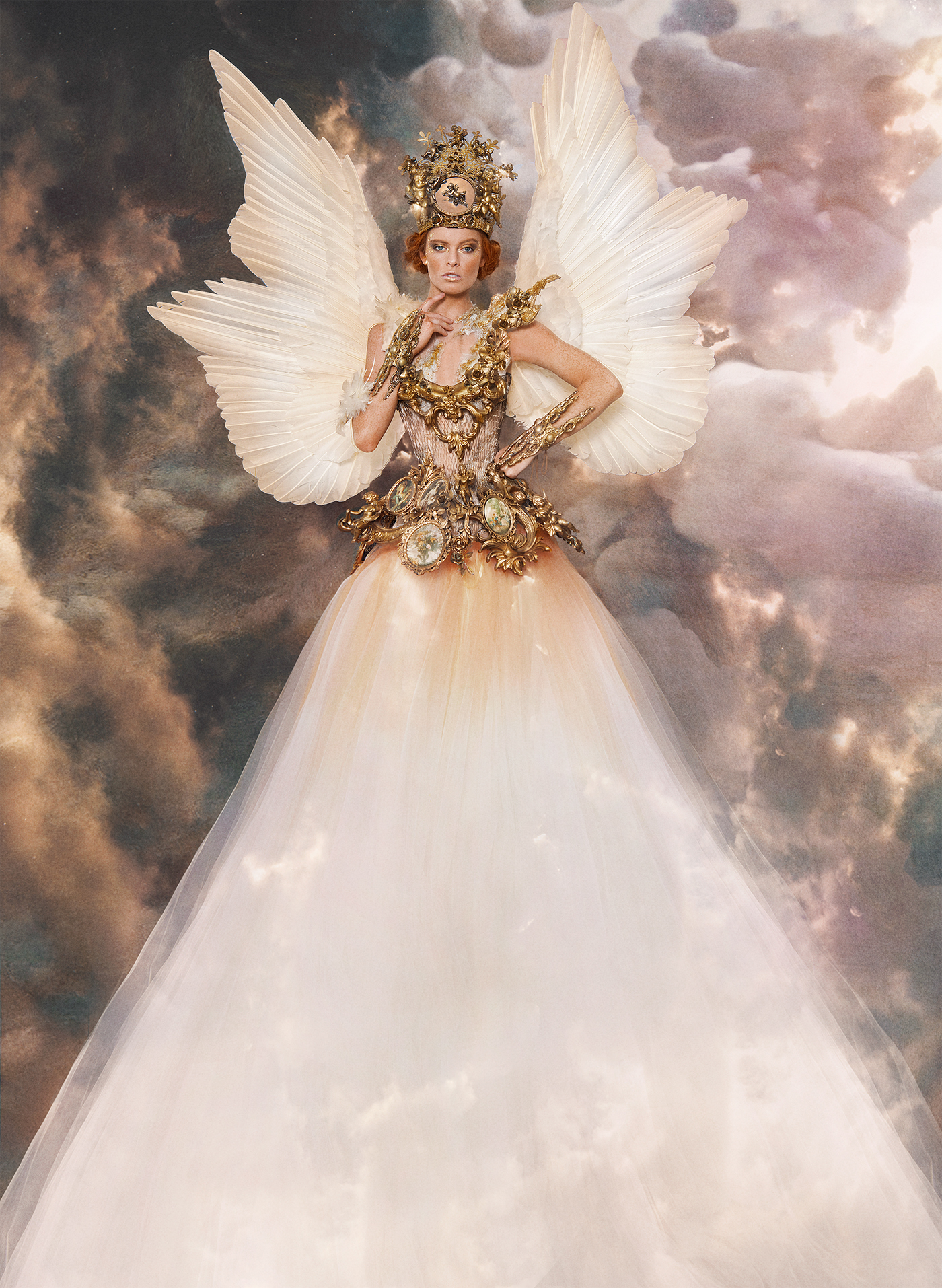 jvdas berra angel devil Chloe Hurst fiori couture Romercee vintage fantasy editorial gold wings feathers Haute couture clouds