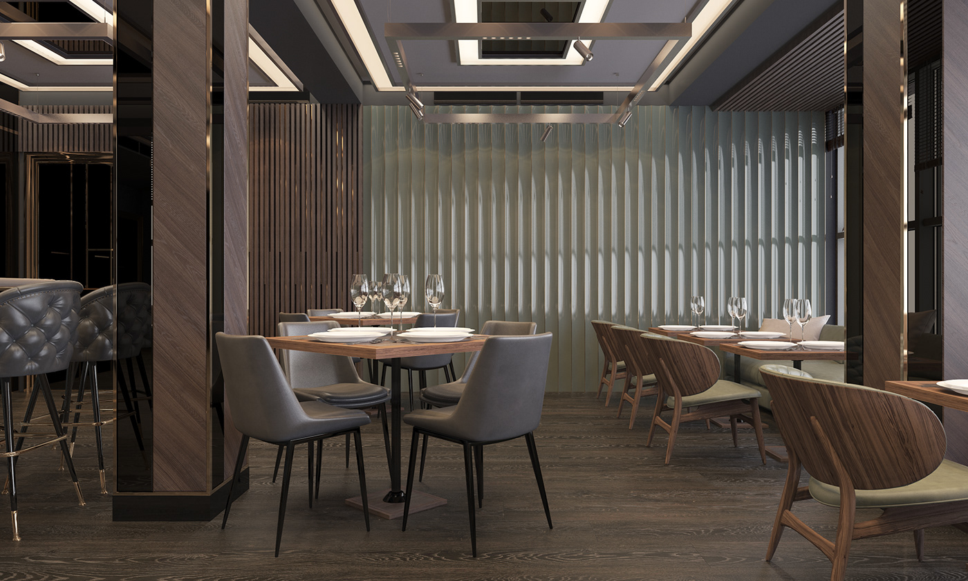 interior design  architecture visualization luxury restaurant Minotti wood