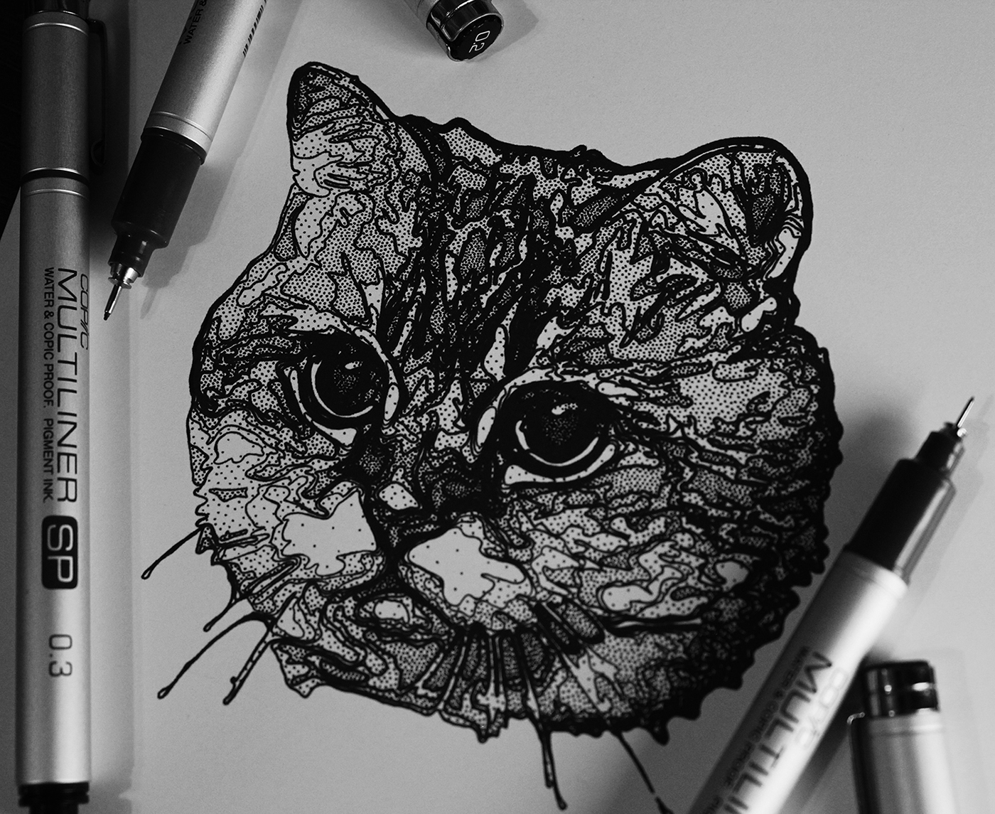 dotwork stippling Pointillism dots lines portrait дотворк портрет Cat