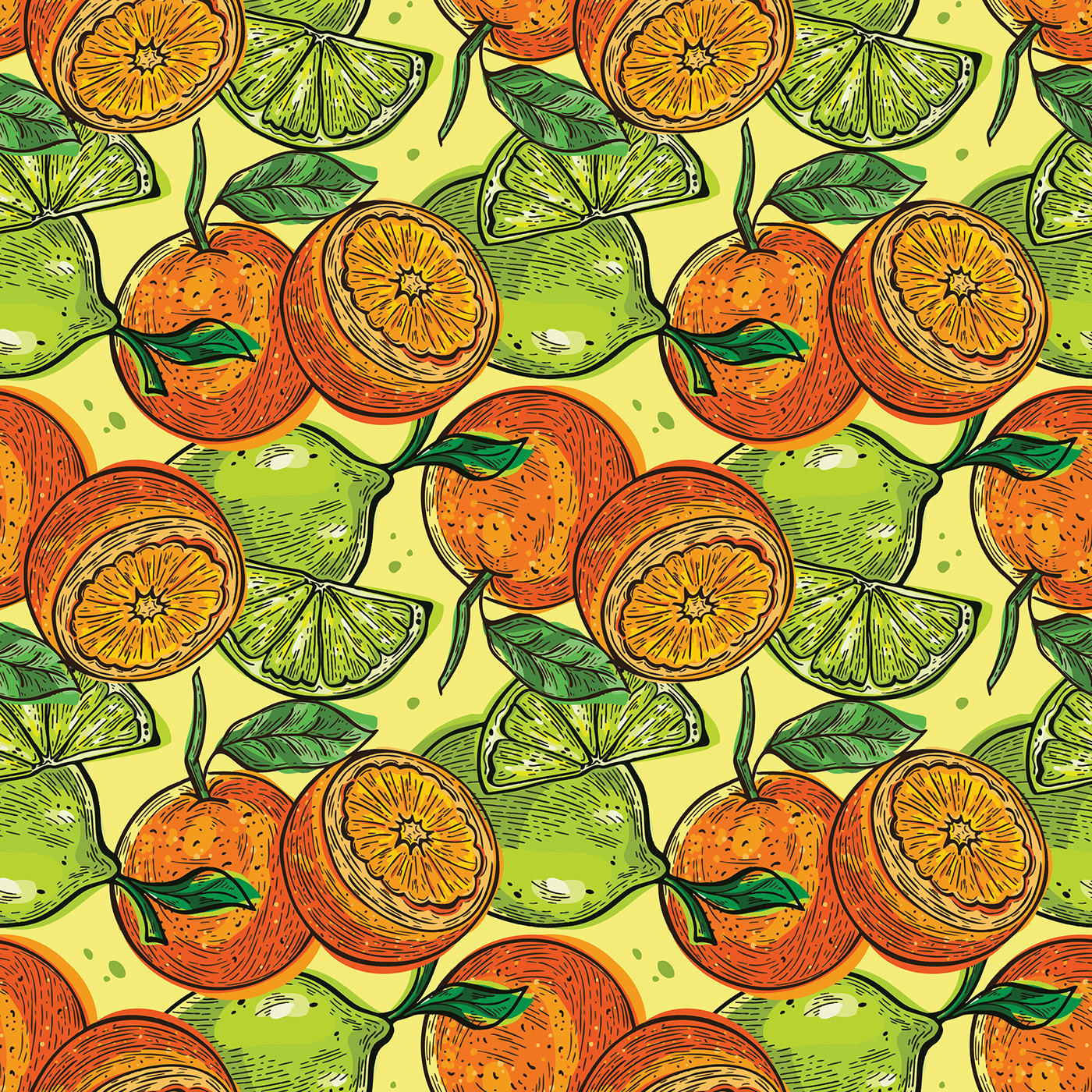 Repeat pattern of orange and lime illustrations in a bright colorful pattern. Textile pattern design