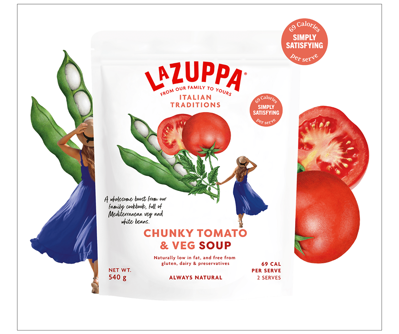Tomato and white bean illustrations for La Zuppa soup packaging.