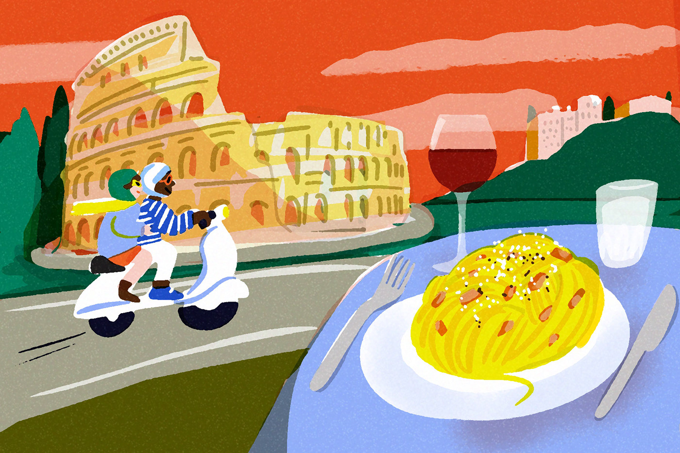 Travel food illustration venezia Spritz vintage Illustrator design editroail italy domlomiti Midcentury Modern