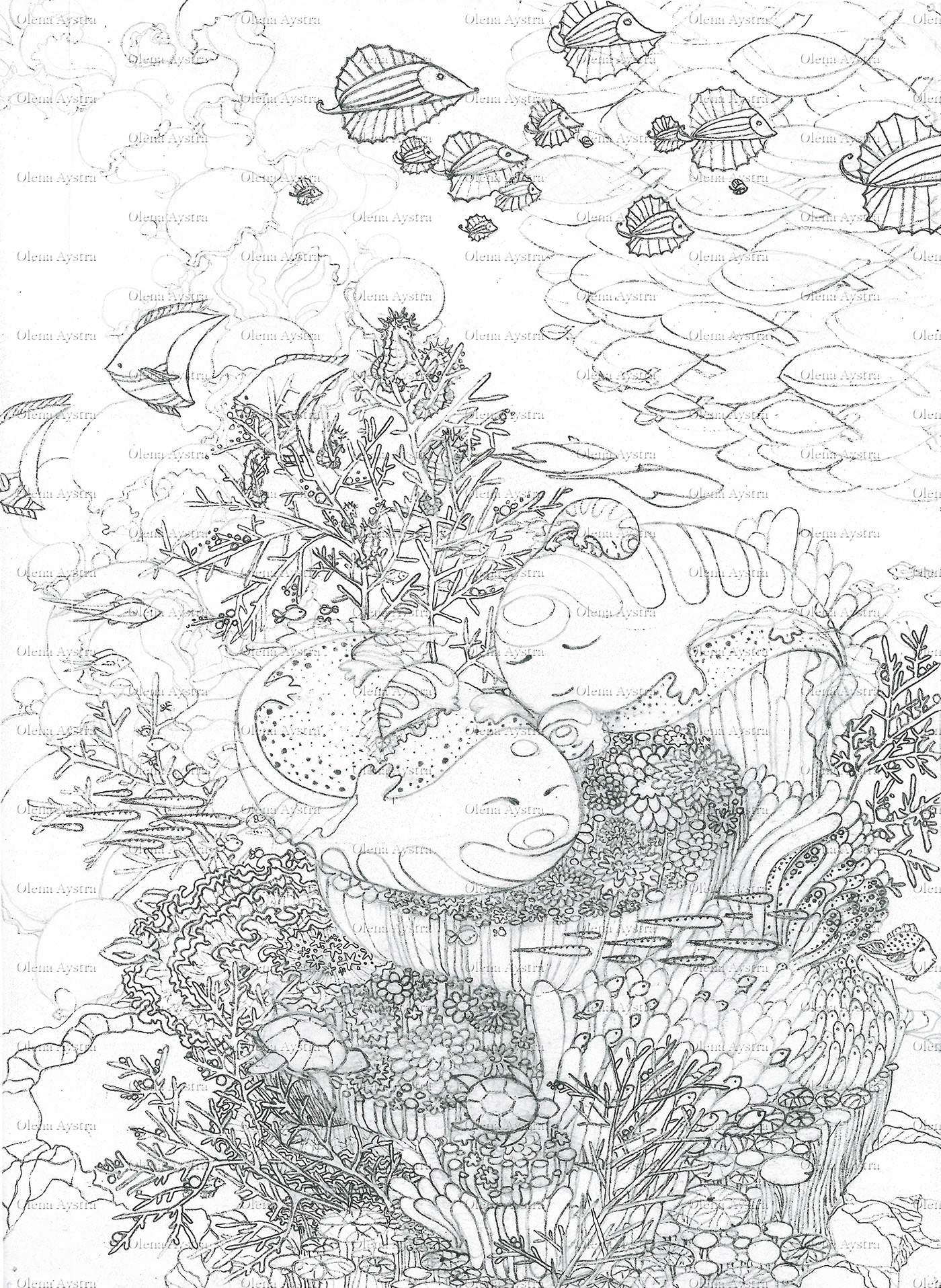 Bottom sea Ocean jellyfish fishes fairy tale sleep acrylic painting fantastic characters sketch