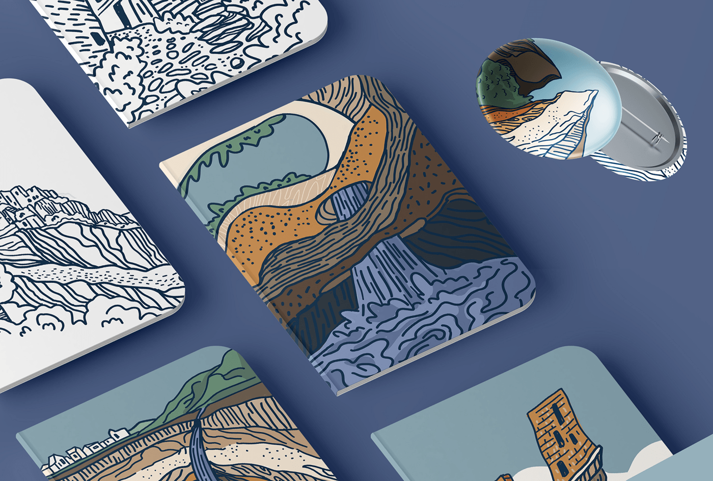 design of printed materials and pin icons depicting mountains, waterfalls, caves
