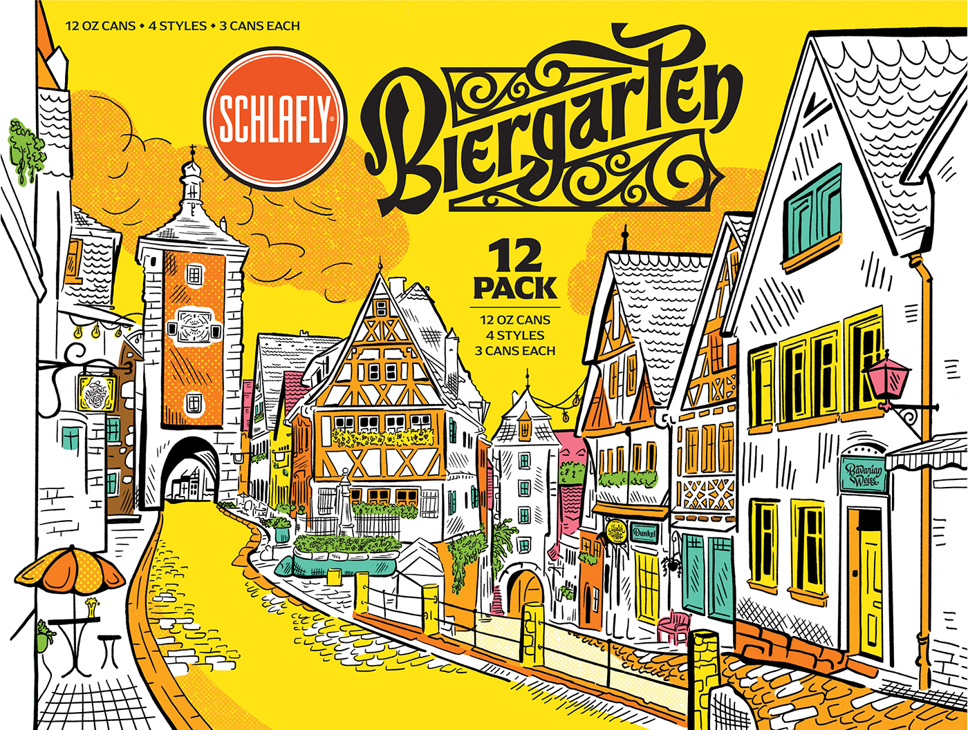 Minimalistic drawing of German style houses and architecture for beer packaging. 