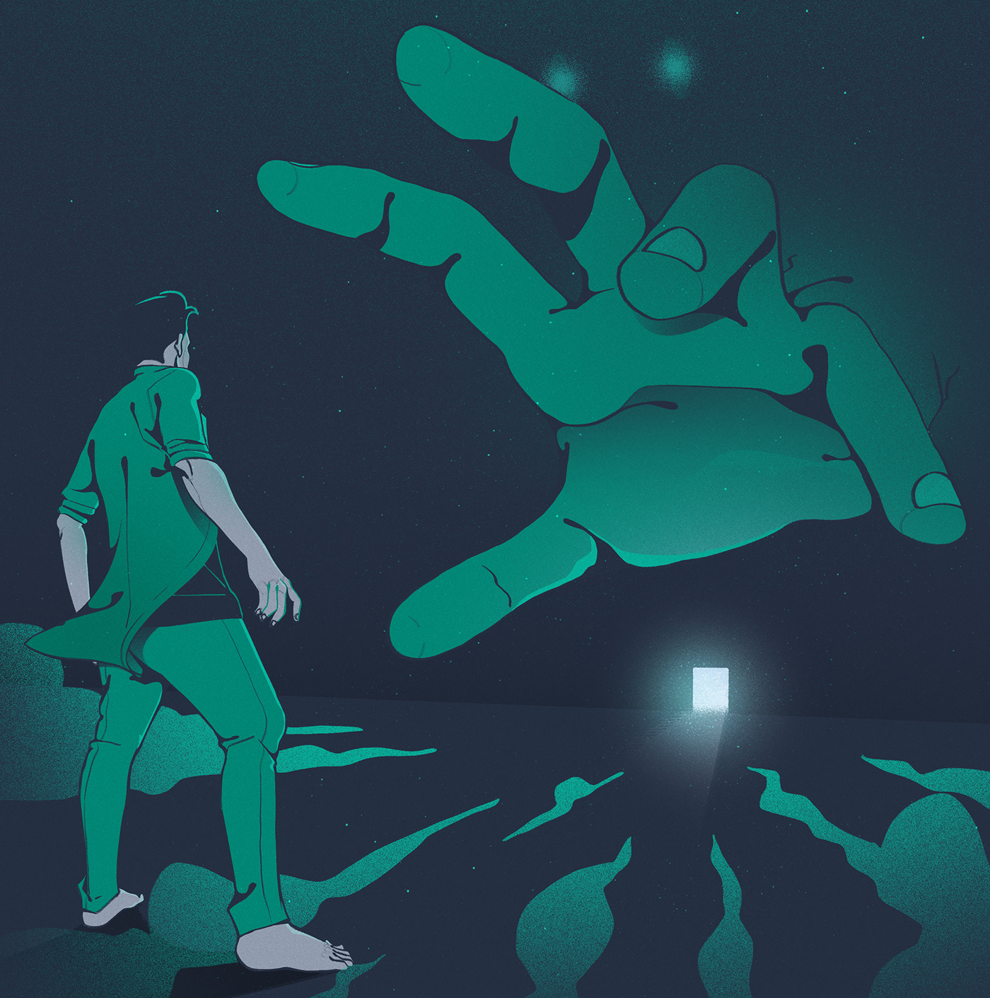 Illustration of a huge hand reaching to a man trying to block him from going forward
