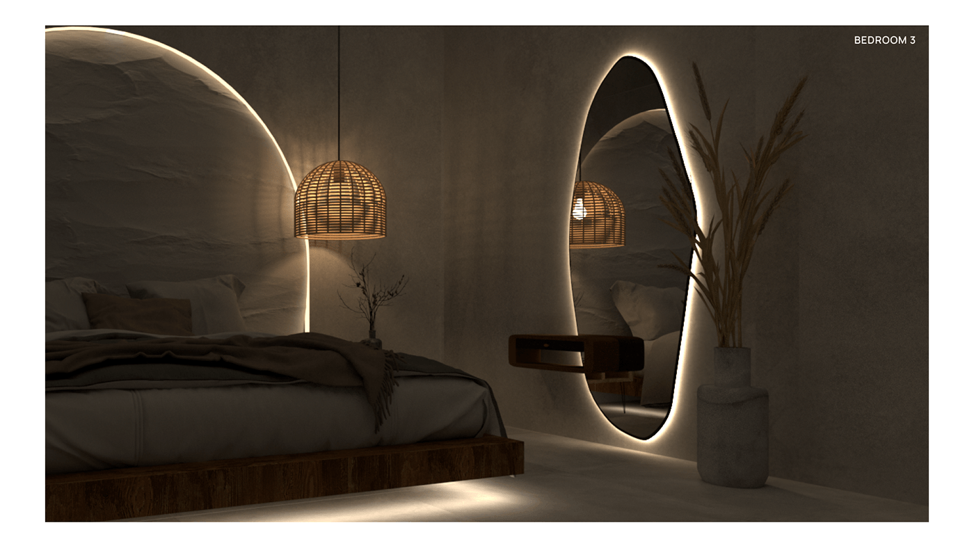 Residential Design Render SketchUP Wabi Sabi Japandi interior bedroom design interior design  minimalist design rattan furniture
