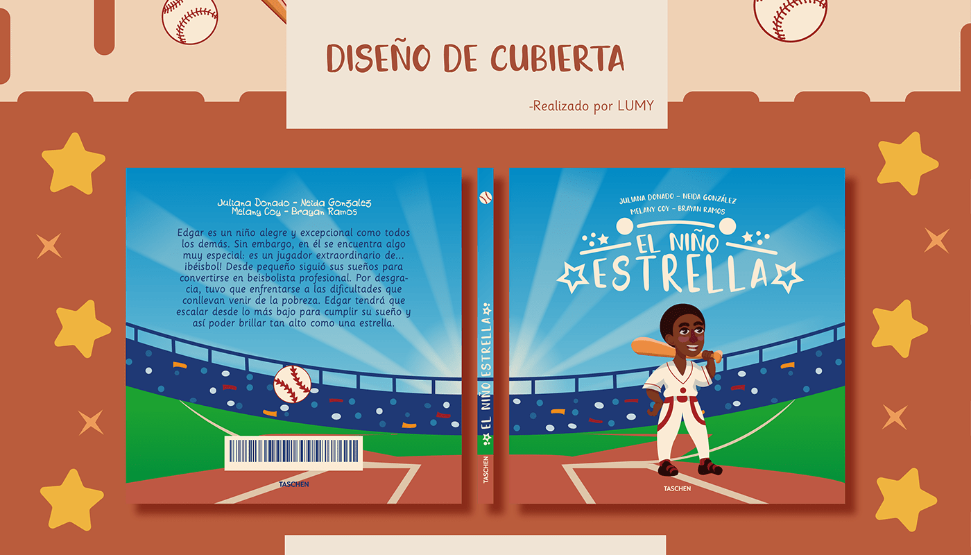 Diseño de cubierta para el libro infantil el niño estrella inspirado en Edgar Rentería.