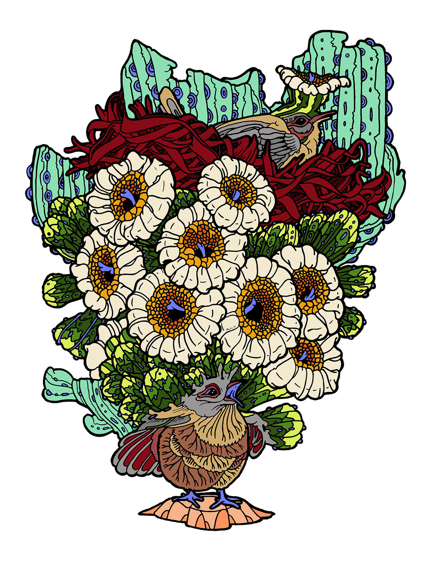 floral cactus and bird digital illustration