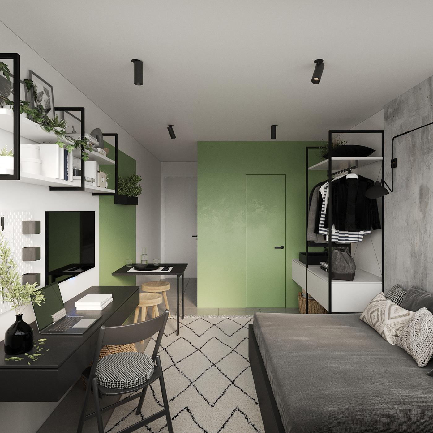 3ds max green interior design  minimalistic Render room visualization bedroom kitchen studio